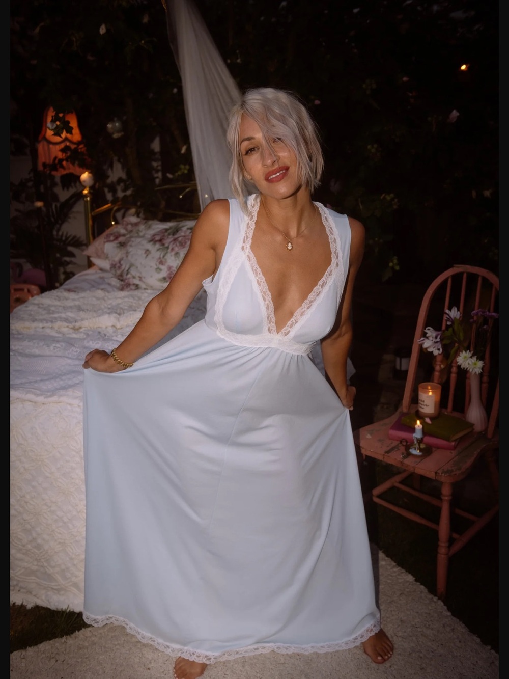 Vintage Blue Lace Trim Nightgown Sleepwear - Picture 4 of 9